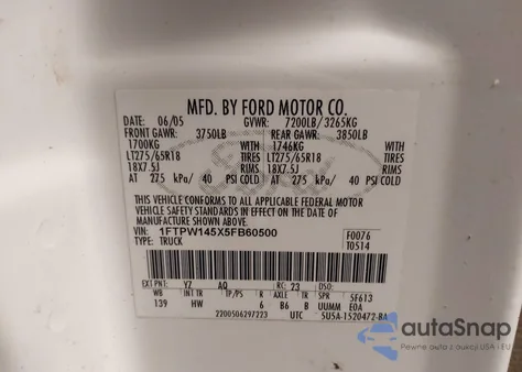 2005 Ford F-150 Fx4/Lariat/Xlt from USA, damaged, VIN 1FTPW145X5FB60500